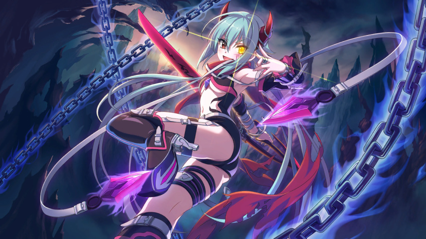 1girl, blue_hair, chains, chuunibyou, cygames, heterochromia, high_heels, hiiragi_anna