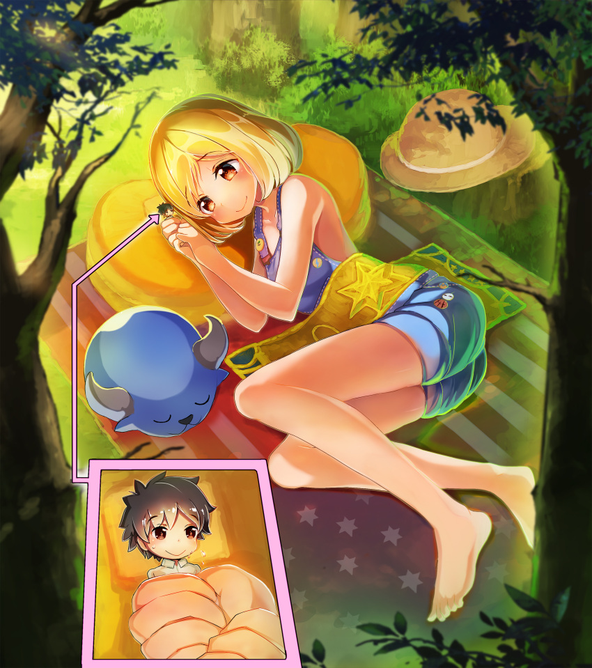 1boy, 1girl, absurdres, american_flag, babe_(fate), barefoot, black_hair, blonde_hair