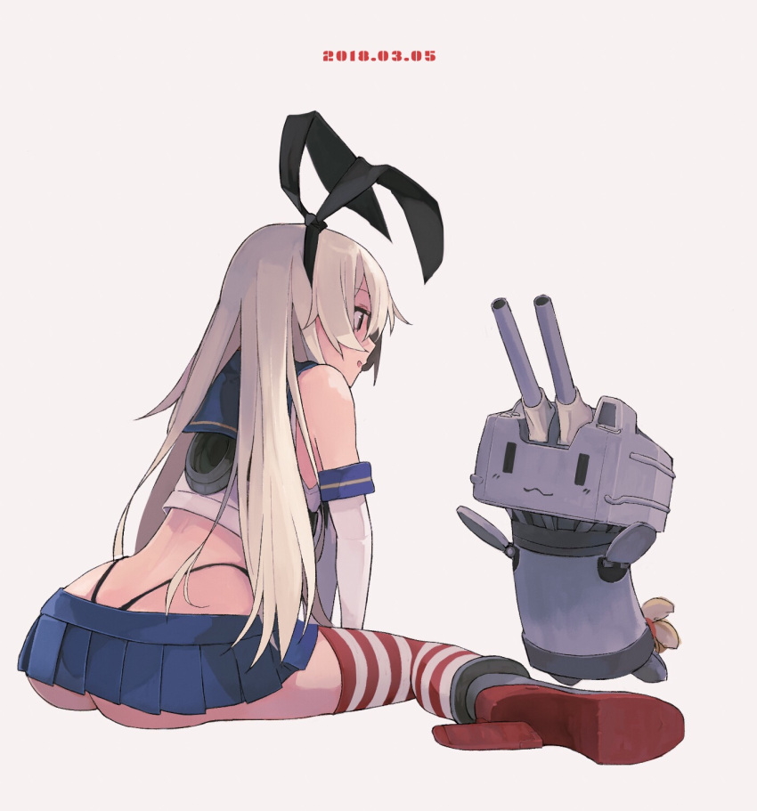1girl, :3, :d, air_kon, ass, bare_shoulders, black_hairband, black_ribbon