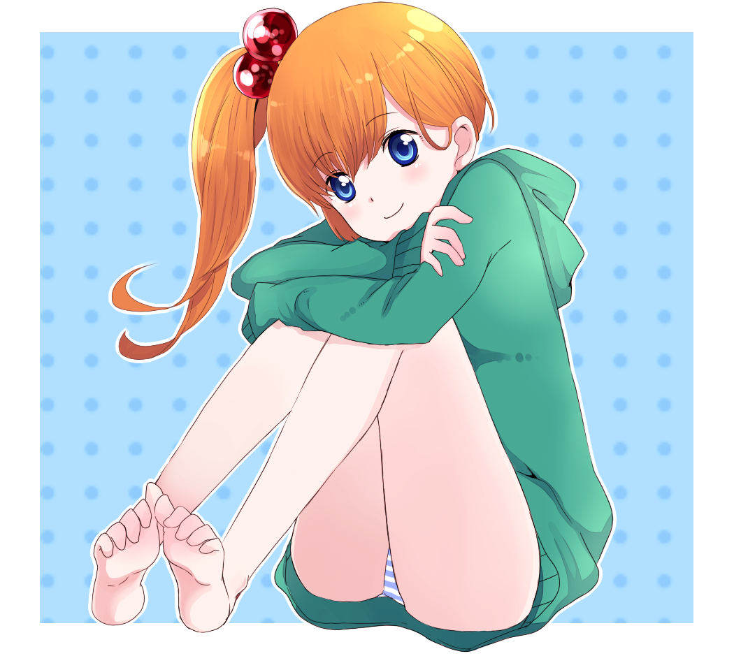 1girl, bad_feet, bangs, bare_legs, barefoot, blue_background, blue_eyes, blush