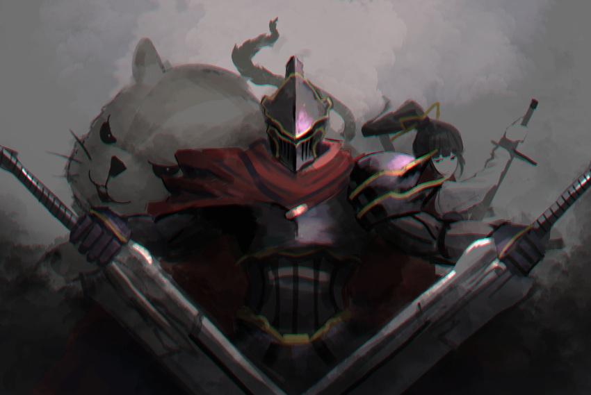 1girl, 1other, absurdres, ainz_ooal_gown, ambiguous_gender, armor, black_armor, cape