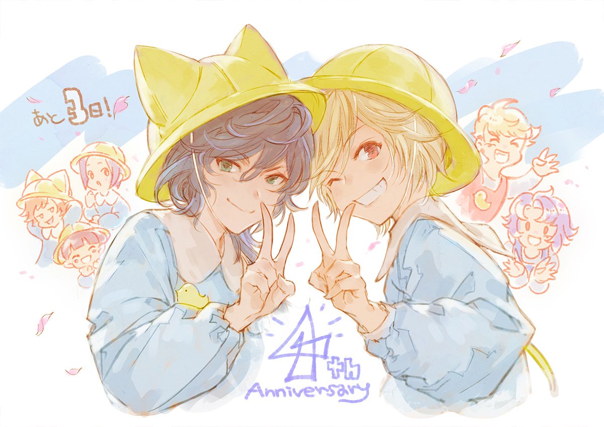5boys, ;d, apron, arthur_(granblue_fantasy), black_hair, blonde_hair, clenched_teeth, countdown