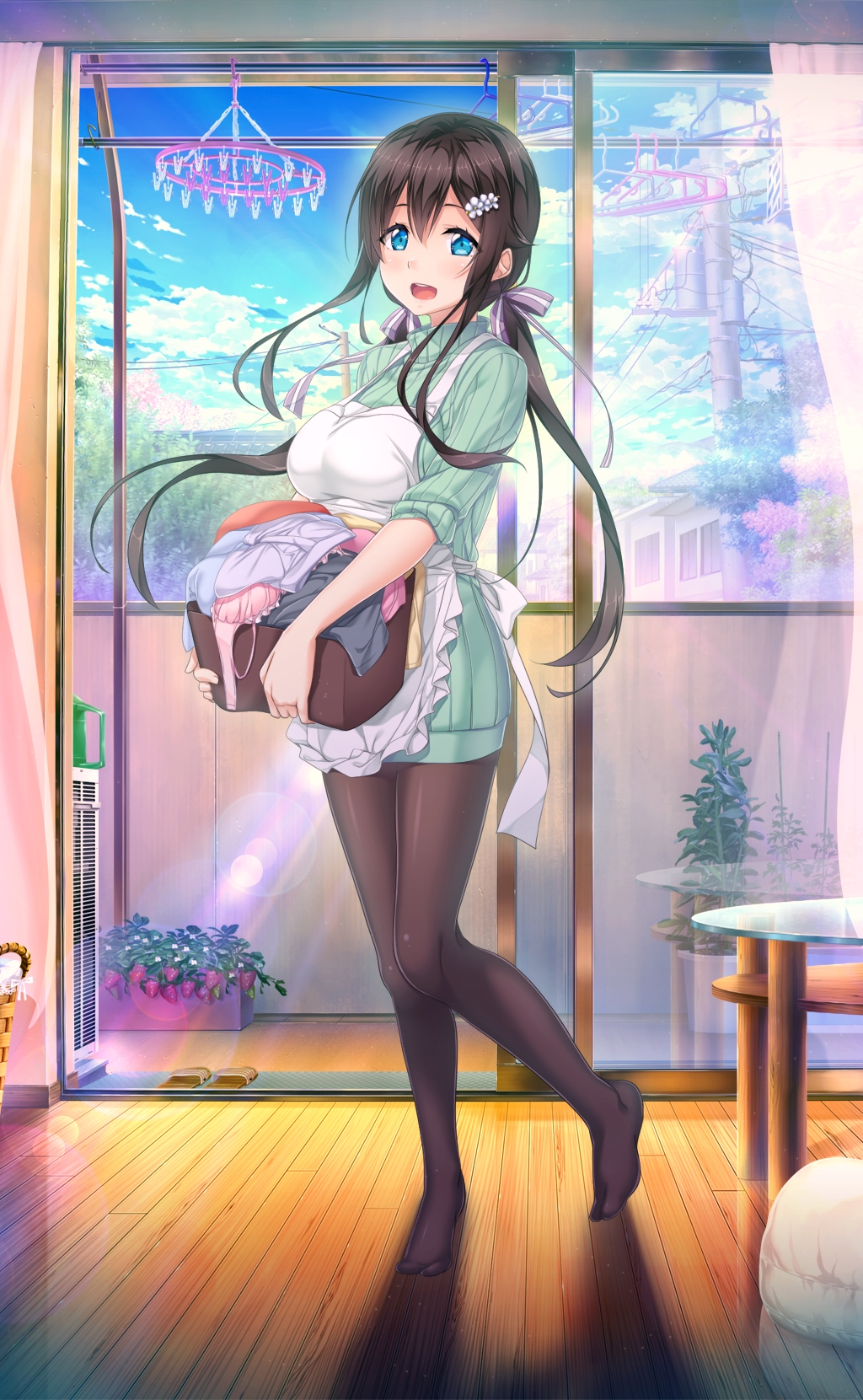 1girl, aikagi_(azarashi_soft), apron, aqua_eyes, brown_legwear, day, full_body, gintarou_(kurousagi108)