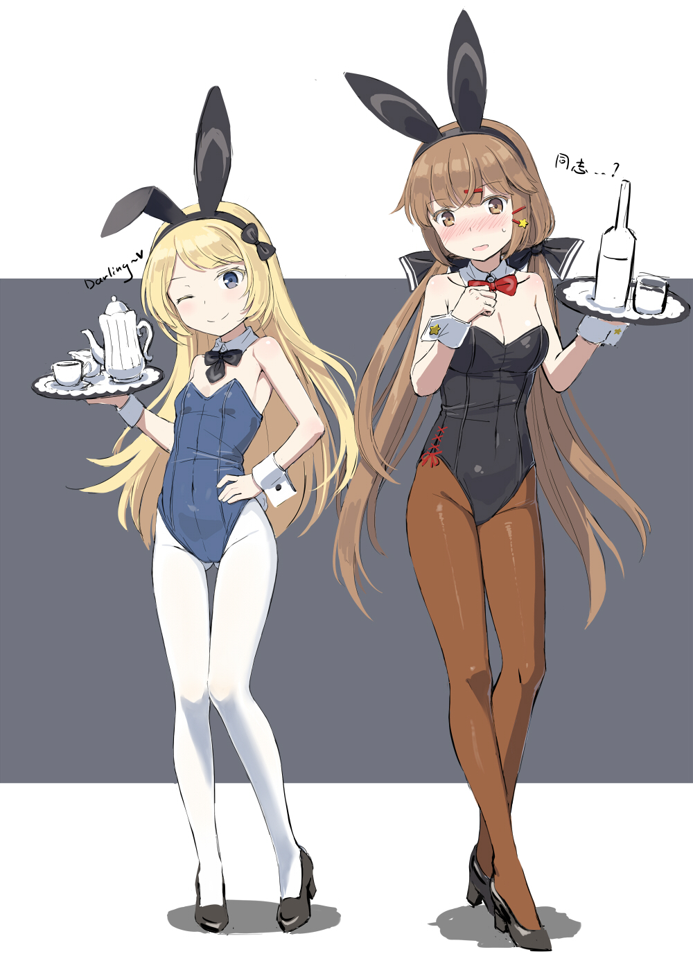 2girls, ;), alternate_costume, animal_ears, bangs, bare_shoulders, black_bow, black_footwear