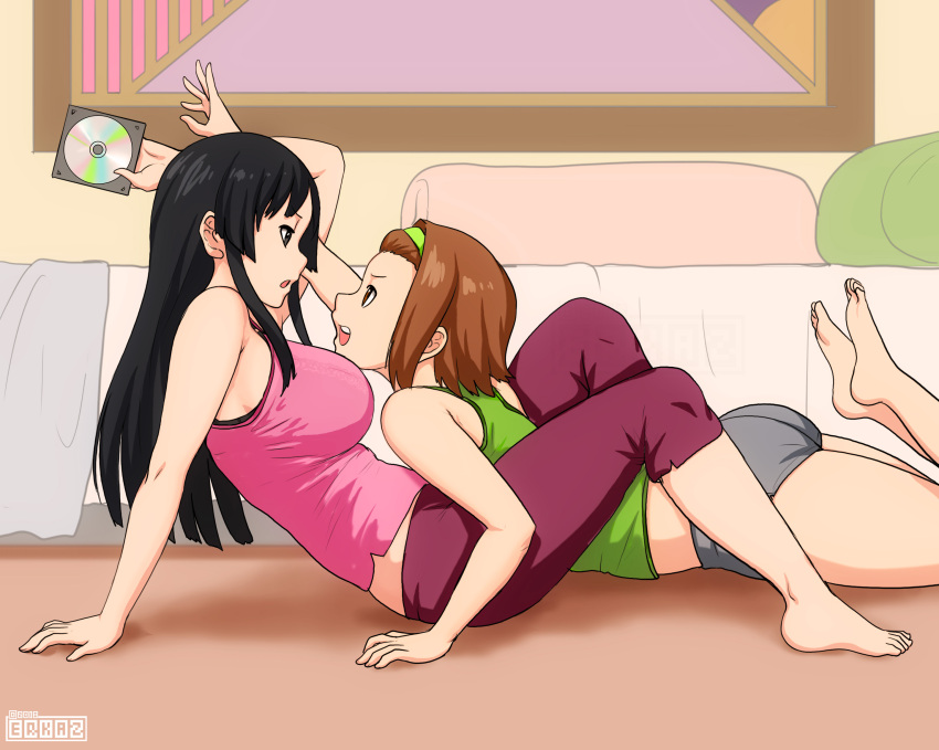 2girls, akiyama_mio, arm_support, ass, bed, bedroom, black_bra, black_eyes