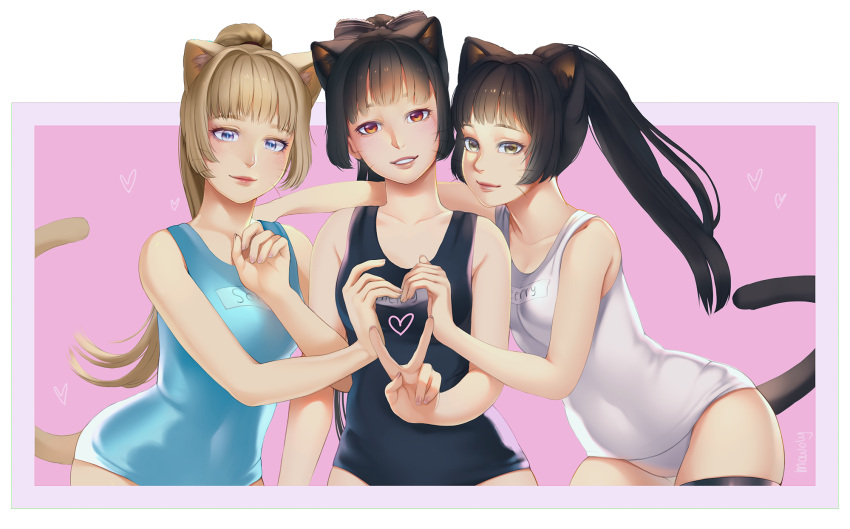3girls, animal_ears, black_hair, black_legwear, blue_swimsuit, brown_hair, cat_ears, cat_tail, elin_(tera), heart, heart_hands, heart_hands_trio, highres, leaning_forward, lips, long_hair, mavoly, multiple_girls, one-piece_swimsuit, pink_background, ponytail, school_swimsuit, simple_background, smile, swimsuit, tail, tera_online, thigh-highs, v, whiskers, white_school_swimsuit, white_swimsuit