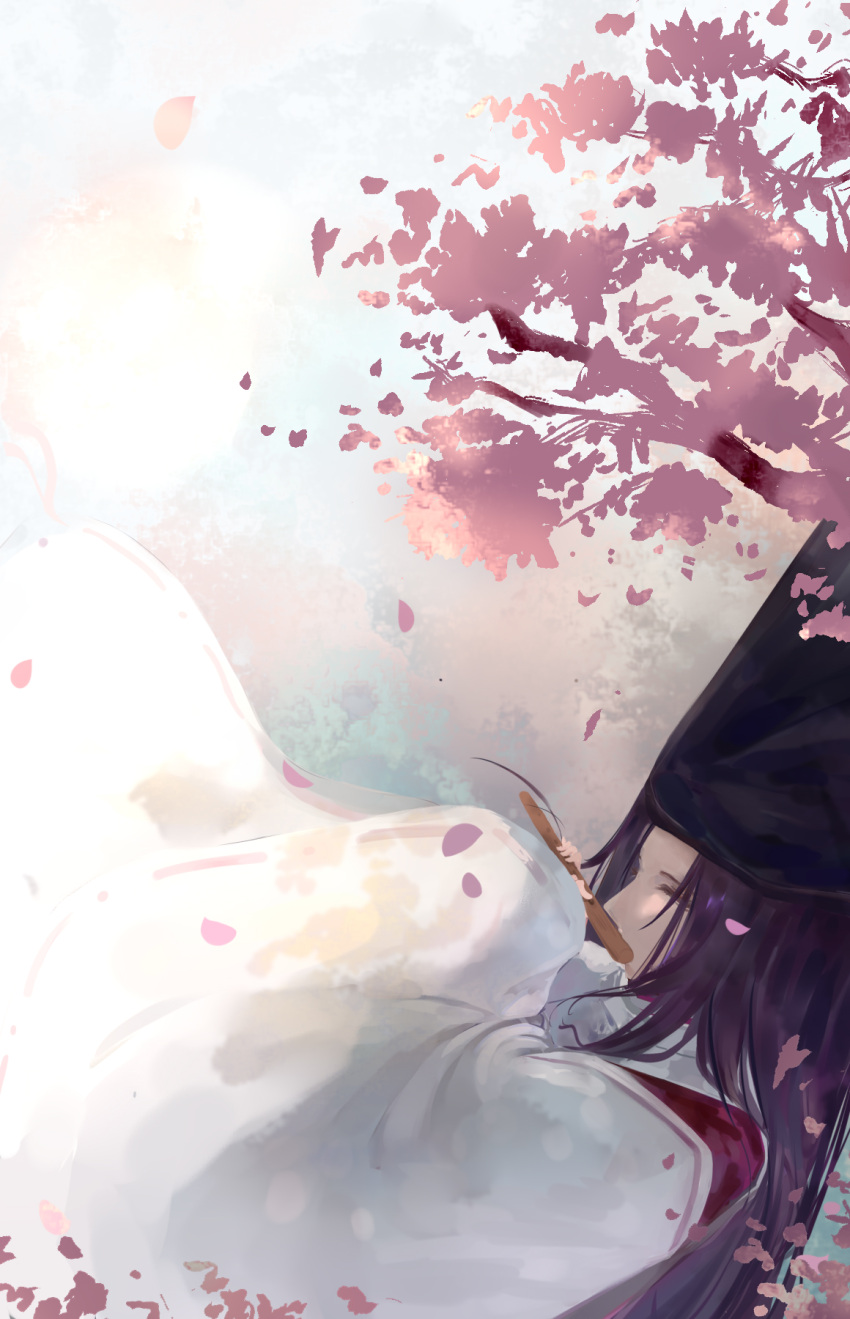 #yuki#, 1boy, black_hair, cherry_blossoms, closed_eyes, flute, fujiwara_no_sai, hat