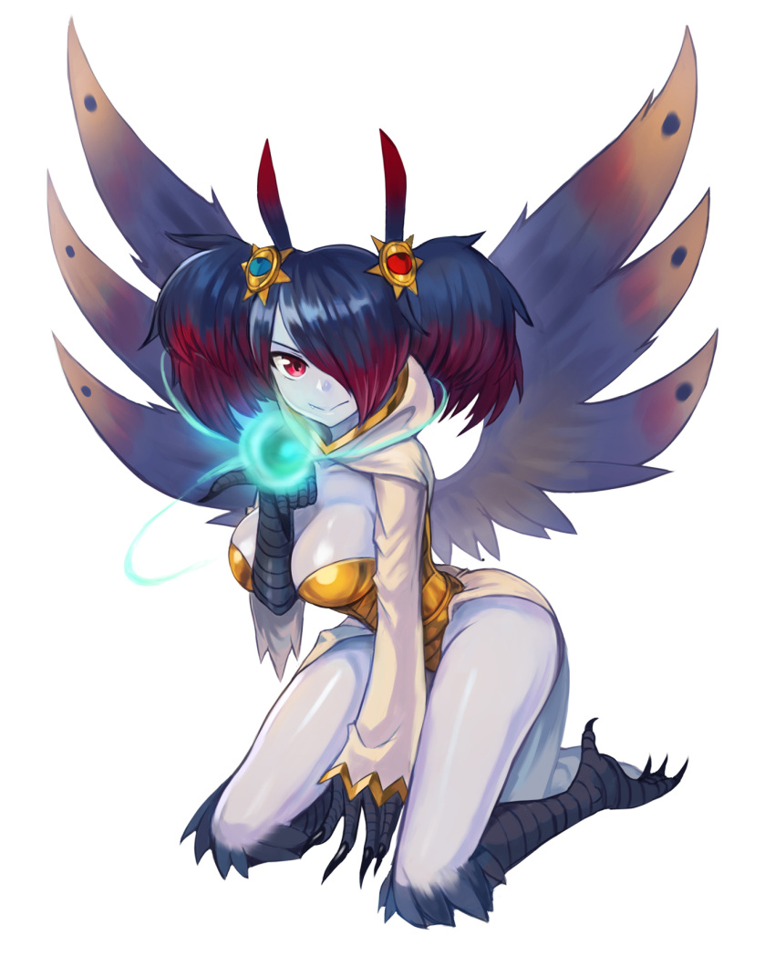 1girl, :>, blue_hair, breasts, claws, commission, energy_orb, fang