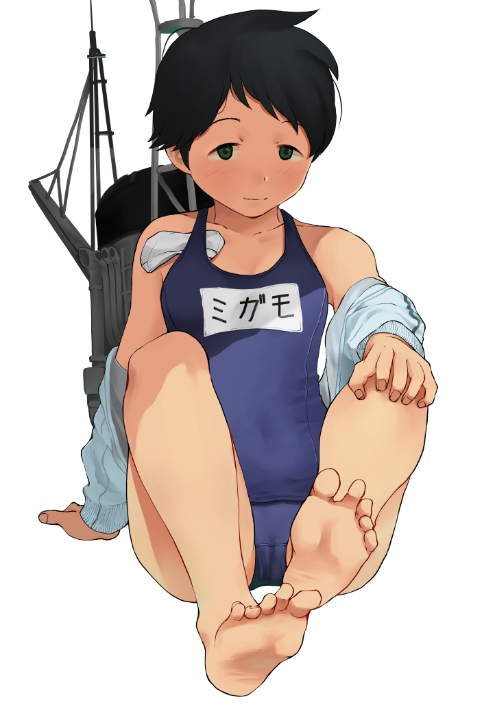 1girl, barefoot, black_eyes, black_hair, blue_swimsuit, full_body, in_swimsuit, jacket
