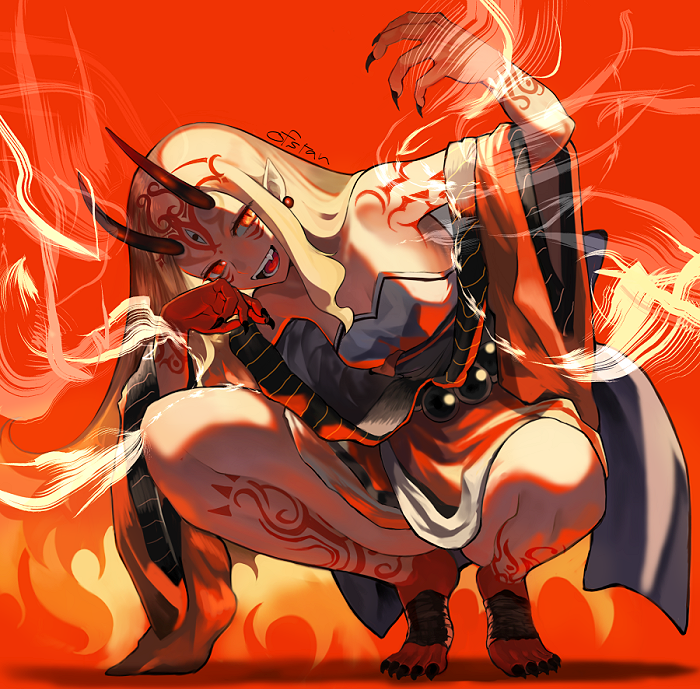 beads, blonde_hair, facial_mark, fate/grand_order, fate_(series), fingernails, horns, ibaraki_douji_(fate/grand_order)
