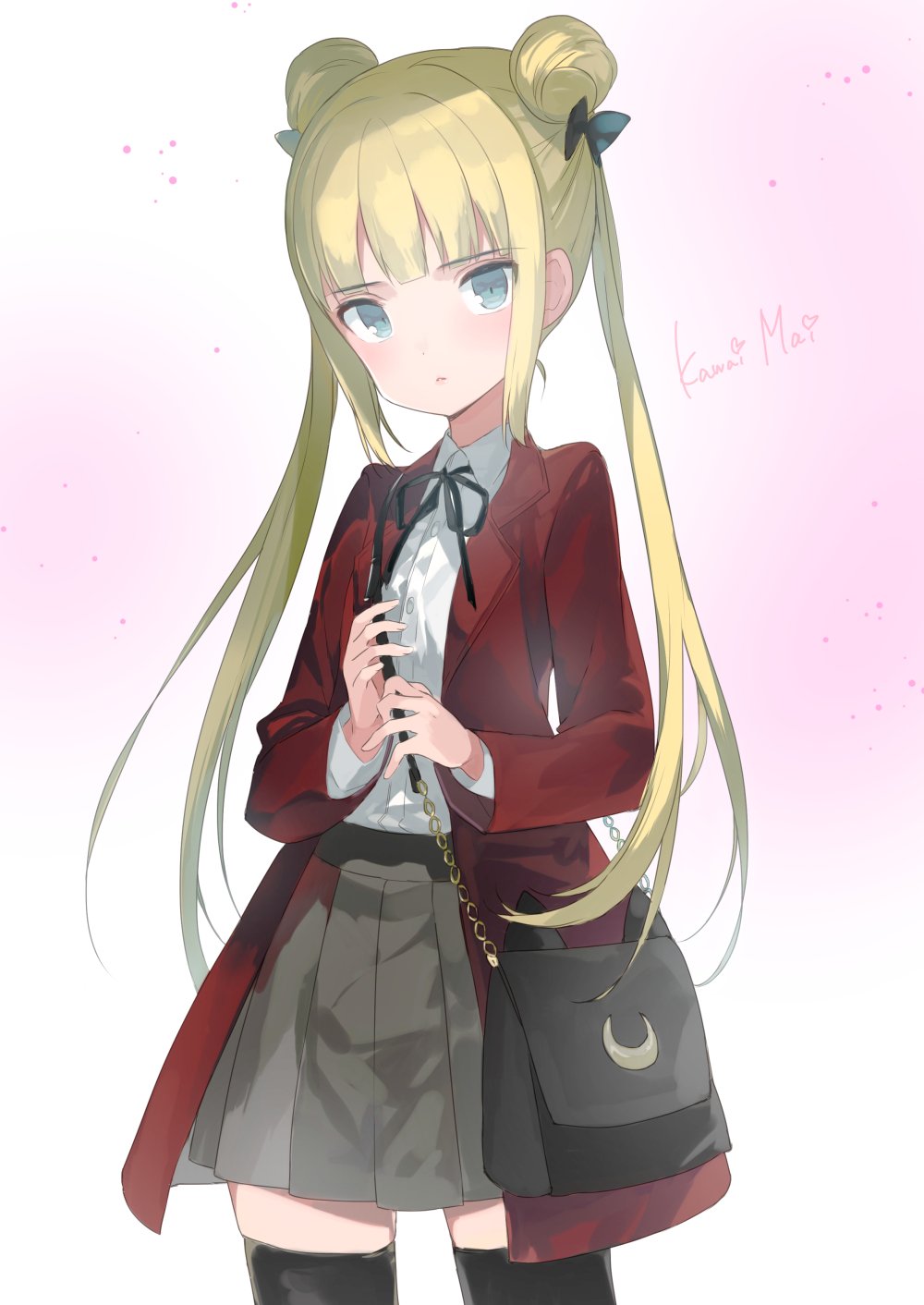 1girl, bag, black_legwear, blonde_hair, blue_eyes, bow, brown_skirt, coat