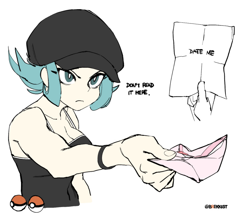 1girl, bare_arms, blue_eyes, blue_hair, breasts, brekkist, cabbie_hat, cleavage