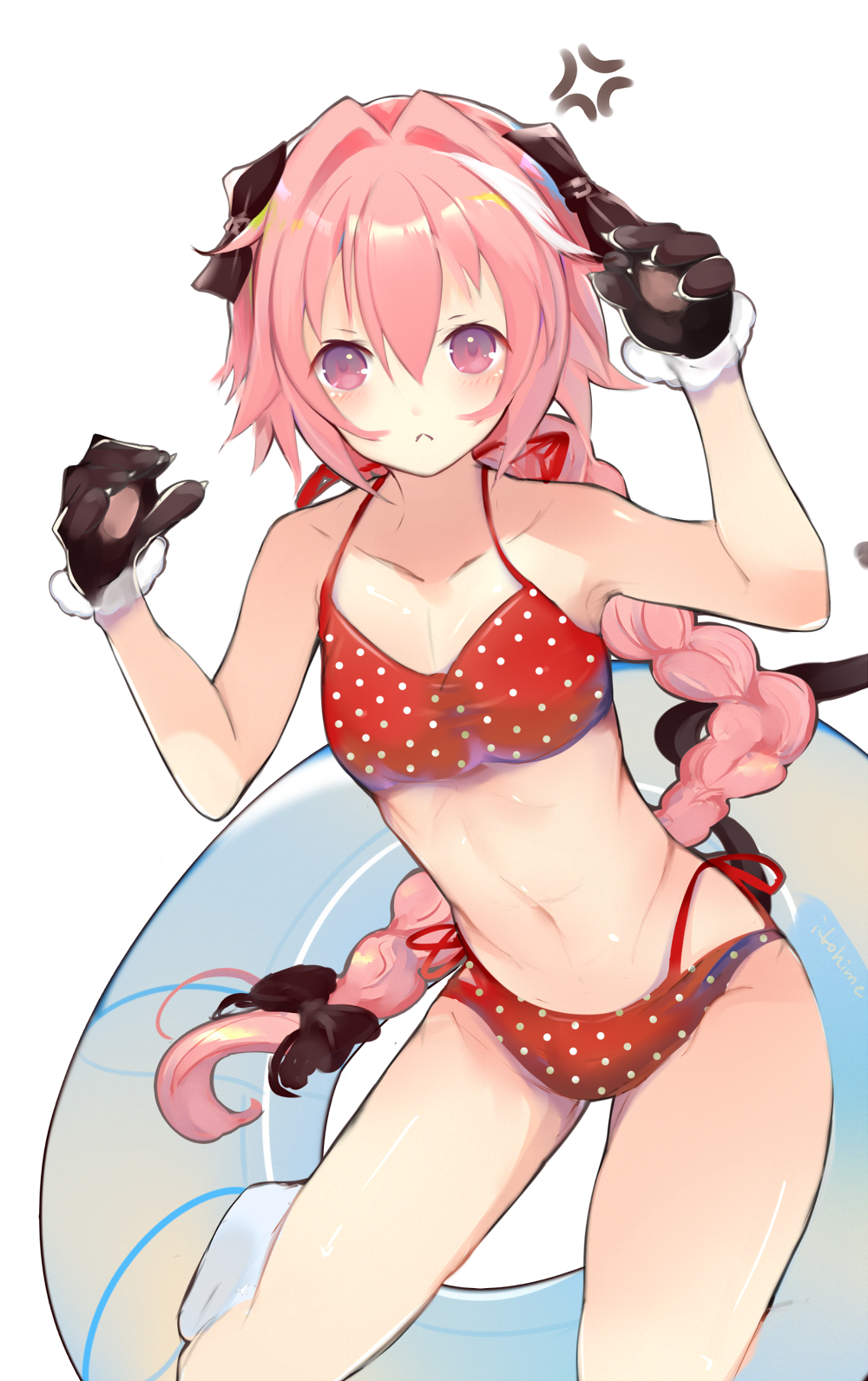 1boy, :<, anger_vein, artist_name, astolfo_(fate), bangs, bare_arms, bare_shoulders