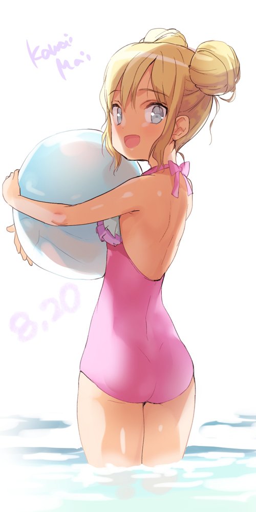 1girl, ass, ball, bare_back, bare_shoulders, beachball, blonde_hair, blue_eyes