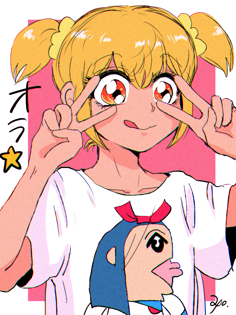 1girl, :d, blonde_hair, blue_hair, bobunemimimmi, bow, character_print, collarbone