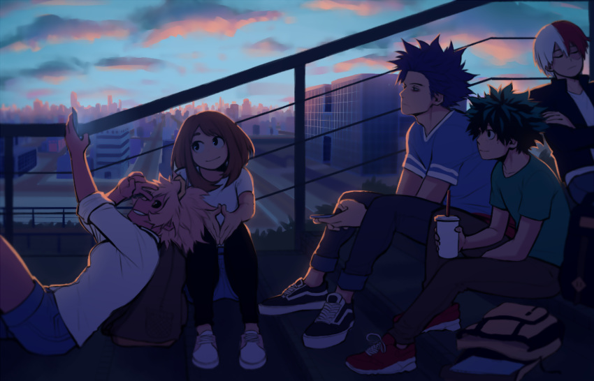 2girls, 3boys, adam's_apple, arm_up, ashido_mina, backlighting, backpack, bag