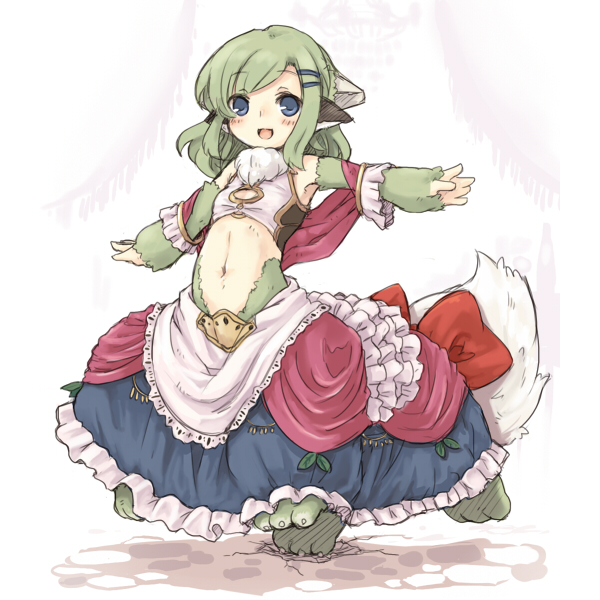 animal_ears, armpits, blue_eyes, blush, centaur, centauroid, dress, flat_chest