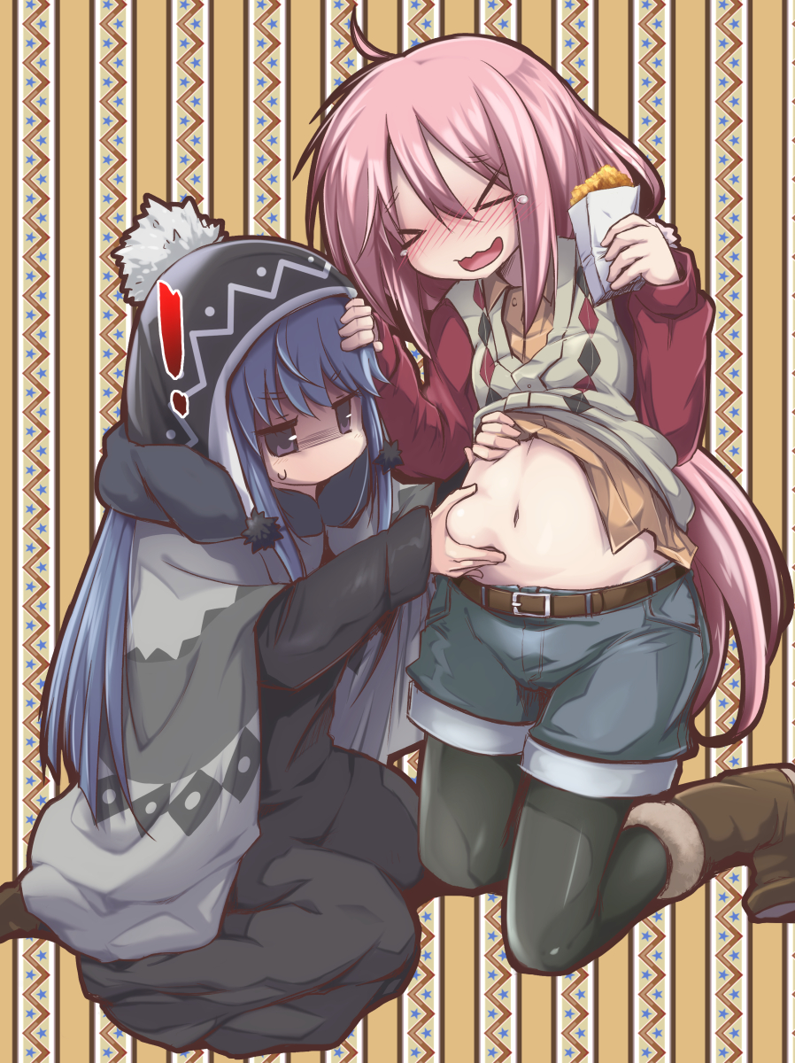 !, >_<, 2girls, beanie, belt, blue_hair, blush, boots, curvy, eyebrows_visible_through_hair, food, hair_between_eyes, hat, highres, izumi_yukiru, kagamihara_nadeshiko, long_hair, long_sleeves, muffin_top, multiple_girls, navel, open_mouth, pantyhose, pink_hair, plump, shima_rin, shirt_lift, shorts, smile, violet_eyes, yurucamp