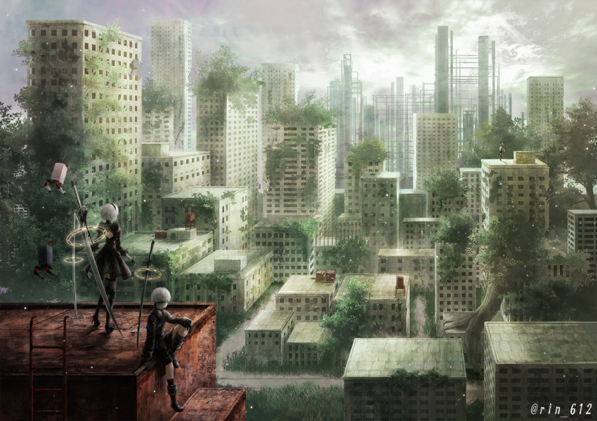 1boy, 2girls, black_dress, black_footwear, black_shorts, blindfold, boots, building
