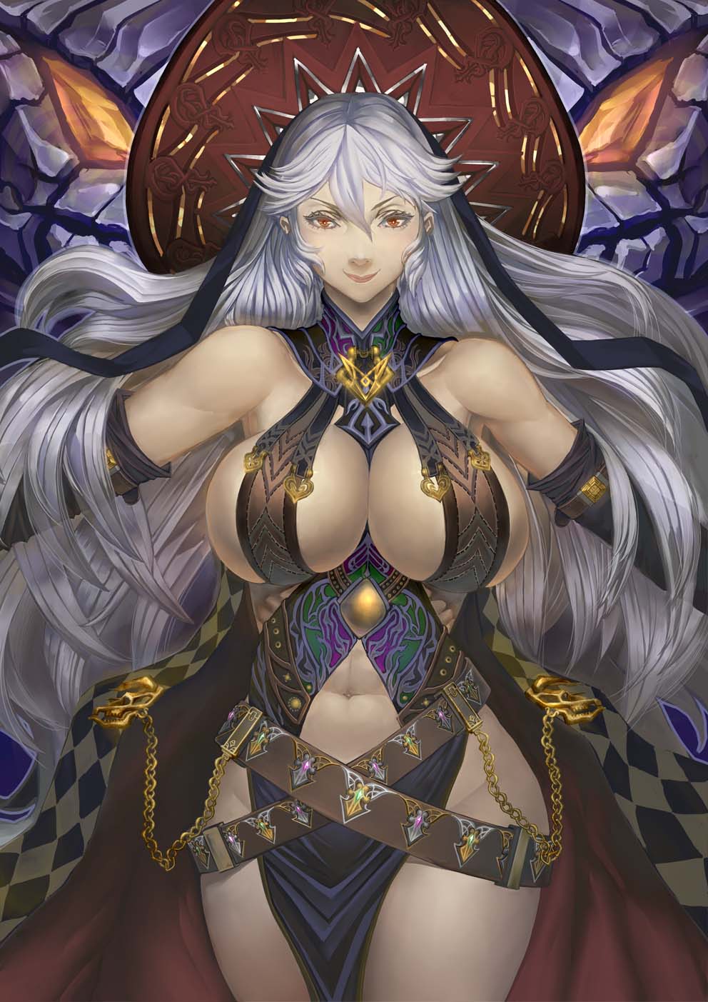 1girl, bare_shoulders, belt, black_gloves, breasts, cape, cleavage, crossed_belts, curvy, detached_collar, detached_sleeves, elbow_gloves, gloves, granblue_fantasy, hair_between_eyes, hat, highres, large_breasts, long_hair, looking_at_viewer, magisa_(granblue_fantasy), navel, red_eyes, revealing_clothes, shimashima_(simasima_23), silver_hair, sleeveless, solo, white_hair, witch_hat