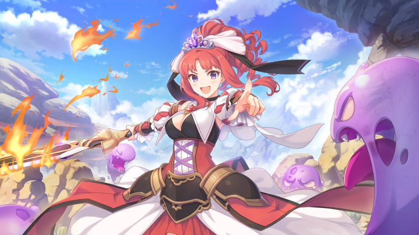 1girl, breasts, choker, cleavage, cygames, flame_sword, hair_ribbon, long_skirt