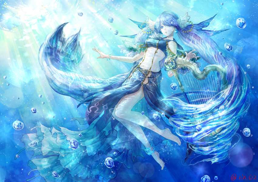 1girl, anklet, aqua, aqua_eyes, aqua_hair, barefoot, bikini_top, blue_skirt, breasts, bubble, closed_mouth, commentary, commentary_request, day, expressionless, fish_tail, hair_ornament, highres, jewelry, legs, long_hair, long_skirt, midriff, navel, ningyo_hime_(sinoalice), signature, sinoalice, skirt, small_breasts, solo, sunlight, twintails, underwater, very_long_hair, wariko, white_skin