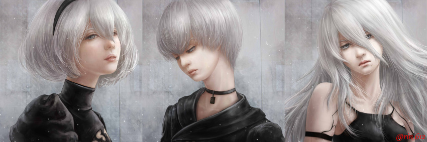 1boy, 2girls, android, black_shirt, bob_cut, breasts, choker, closed_mouth