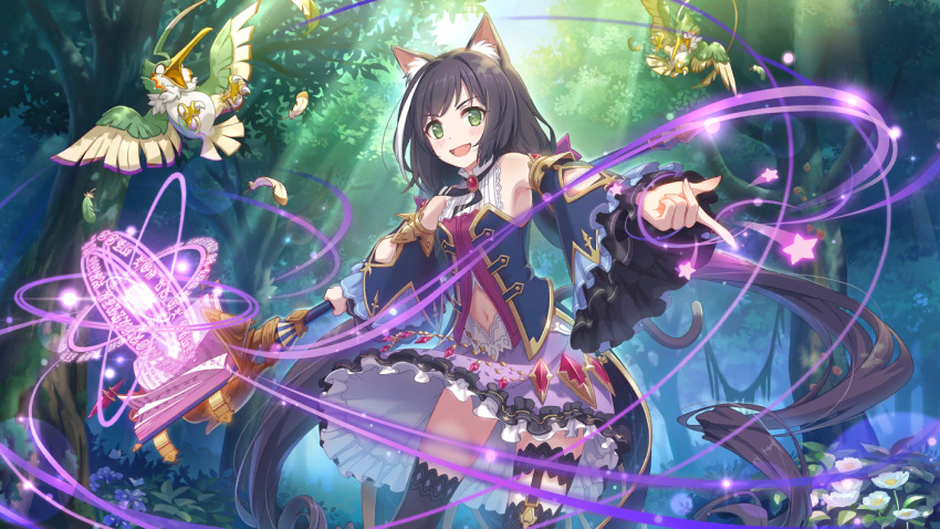 1girl, animal_ears, bare_shoulders, bird, black_hair, cat_ears, cat_tail, cygames