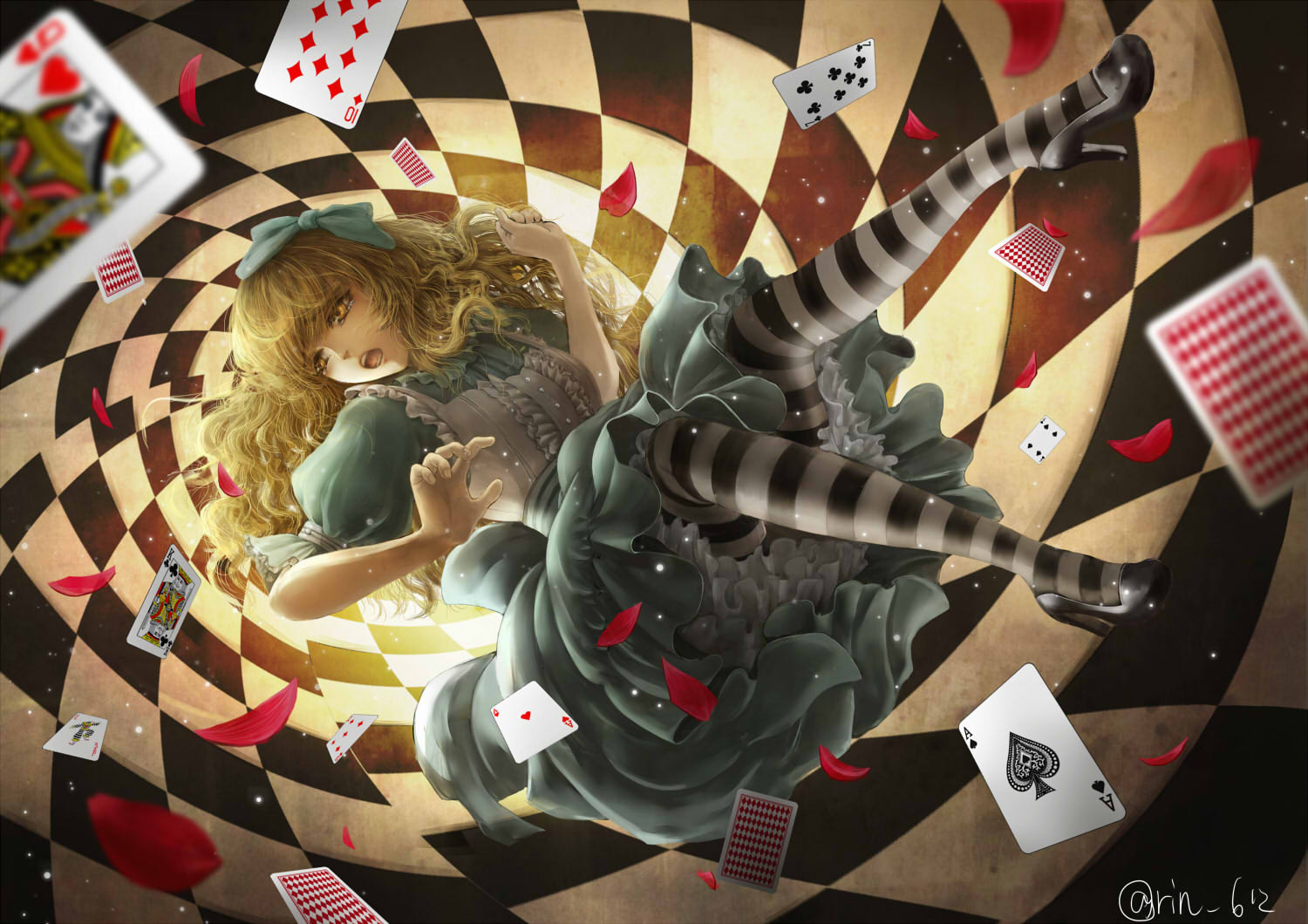 1girl, :o, alice_(wonderland), alice_in_wonderland, aqua_dress, aqua_ribbon, bangs, black_footwear