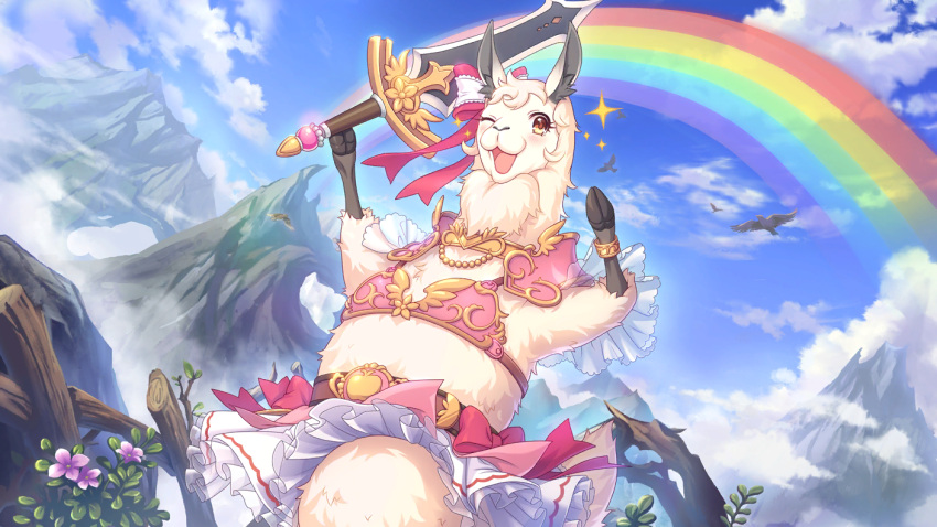 1girl, armor, bikini_armor, cygames, llama, official_art, one_eye_closed, princess_connect!