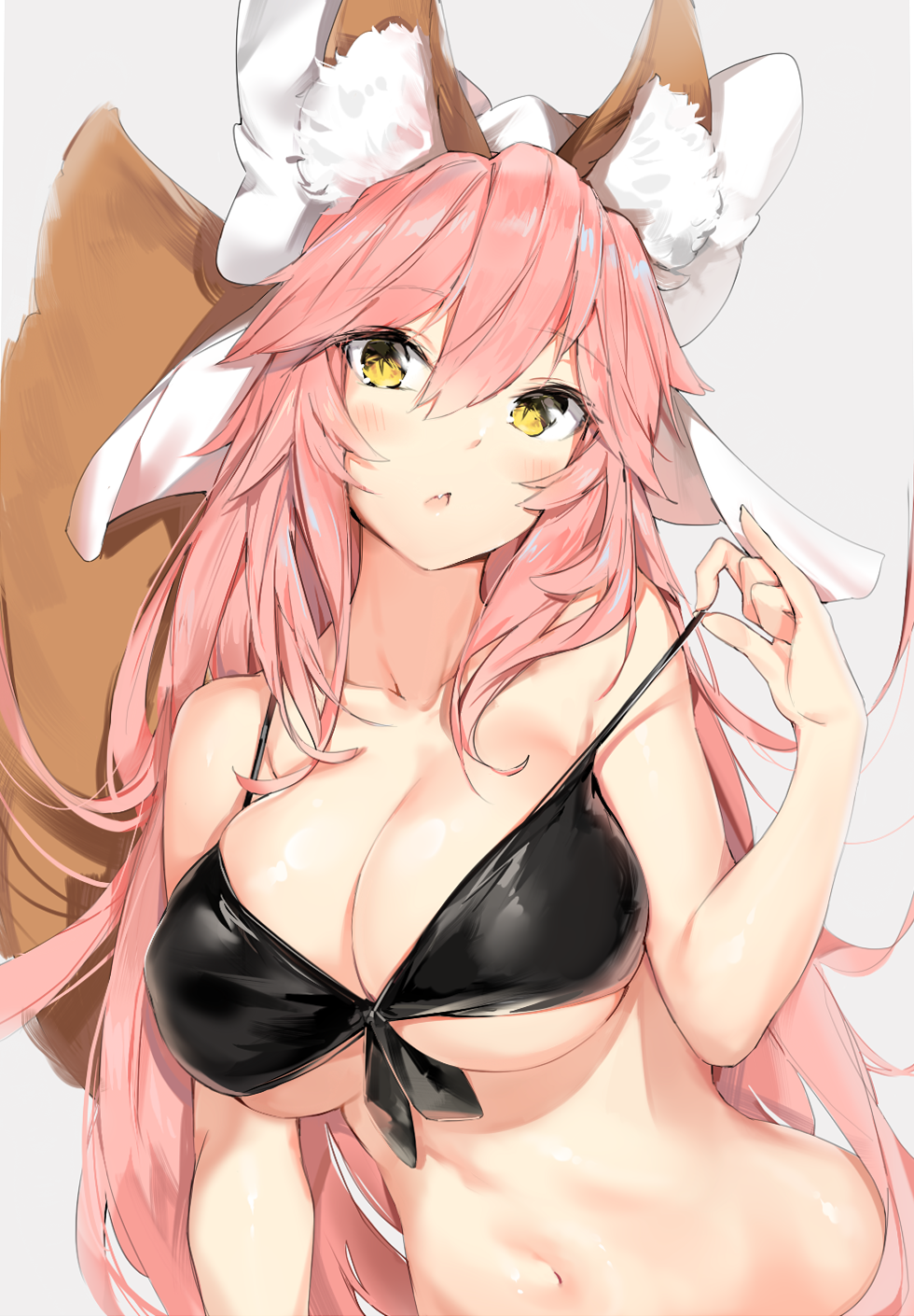 1girl, :o, animal_ears, bangs, bare_arms, bare_shoulders, bikini, black_bikini