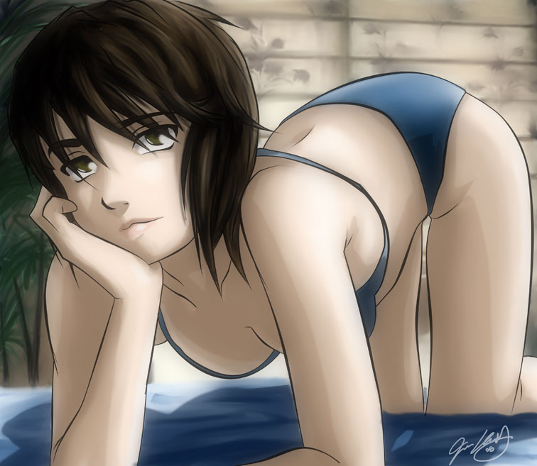breasts, brown_eyes, brown_hair, cleavage, jadeedge, lips, naruto, shizune_(naruto), signature, solo, swimsuit
