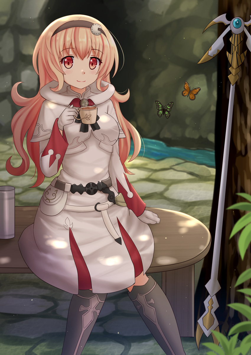1girl, alternate_costume, animal, bangs, black_hairband, blush, butterfly, capelet