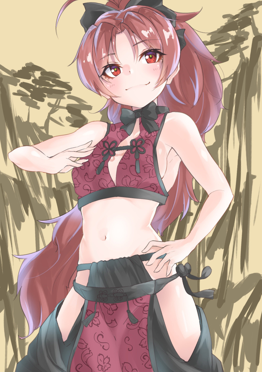 1girl, absurdres, ahoge, alternate_costume, bare_shoulders, black_ribbon, blush, breasts