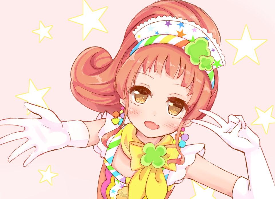 1girl, :d, aikatsu!, arm_up, bangs, blush, brown_background, brown_eyes