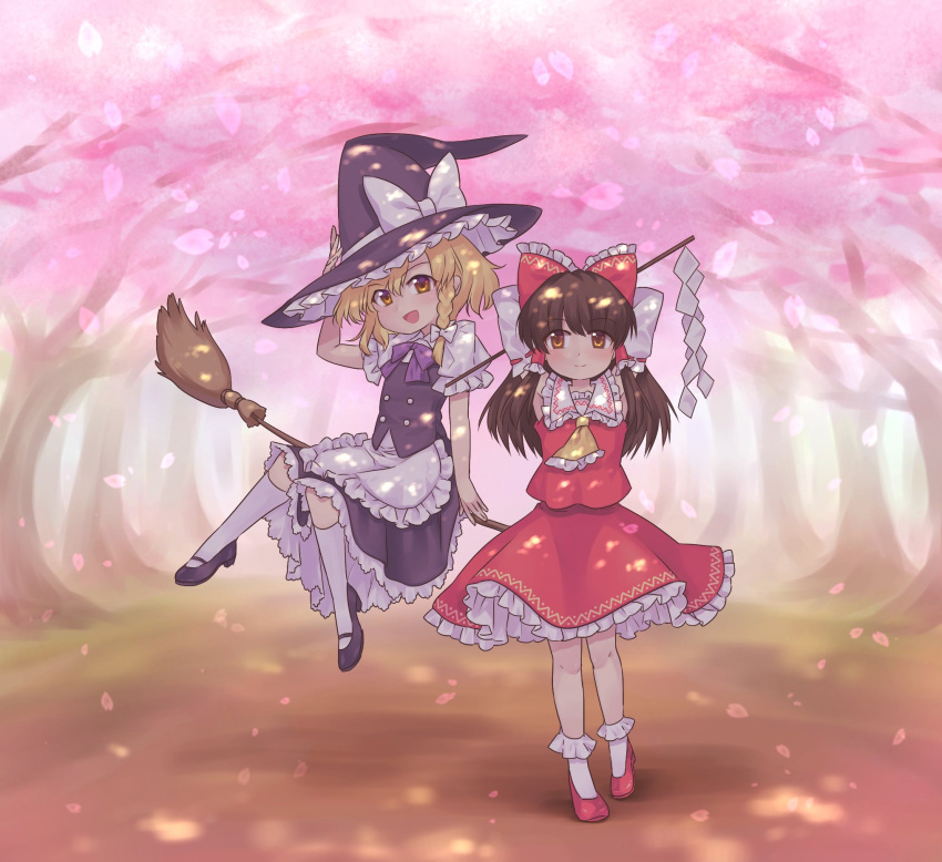2girls, :d, apron, armpit_peek, armpits, arms_behind_head, ascot, black_footwear
