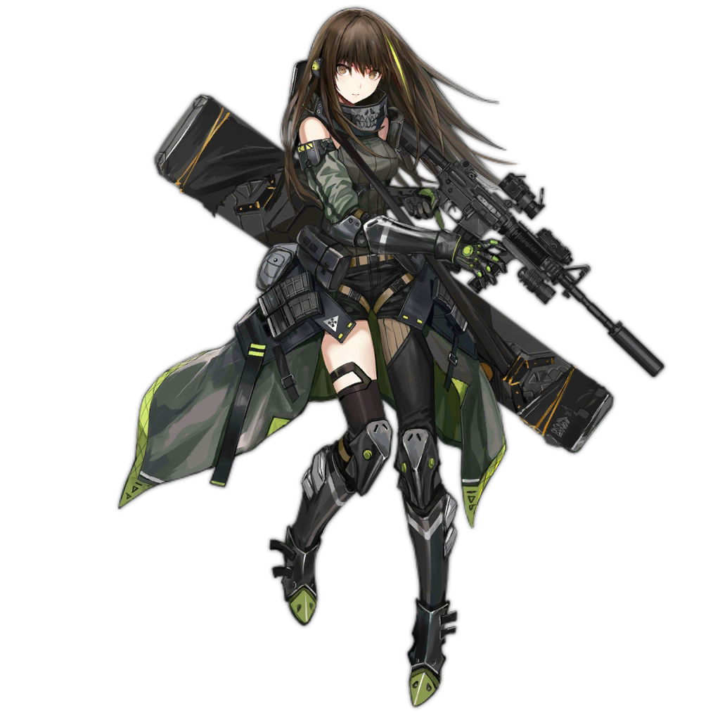 1girl, android, artist_request, assault_rifle, asymmetrical_legwear, black_hair, brown_eyes, expressionless