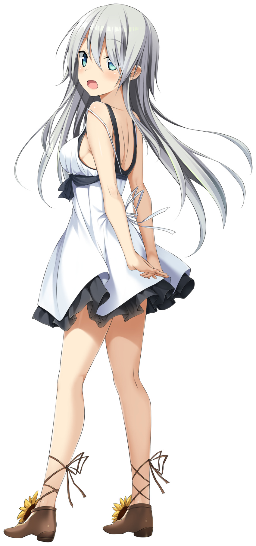 1girl, absurdres, amatori_sumire, aqua_eyes, arms_behind_back, dress, eyebrows_visible_through_hair, full_body