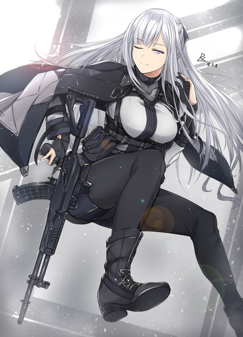1girl, absurdres, ak-12, ak-12_(girls_frontline), ankle_boots, assault_rifle, bangs, belt