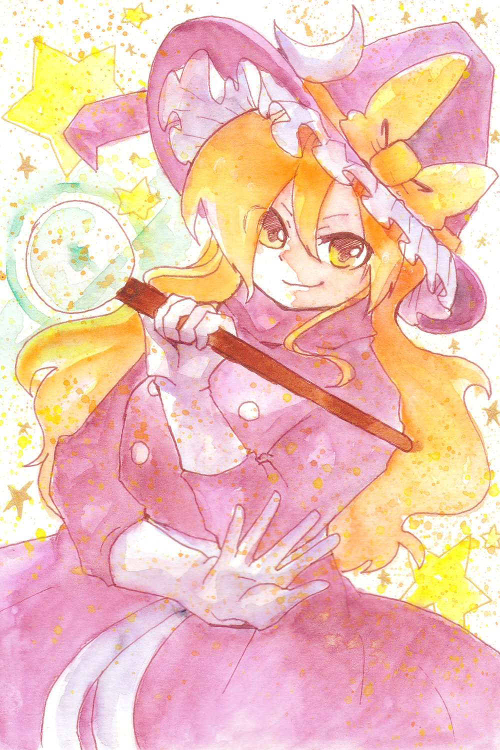 1girl, blonde_hair, crescent, dress, gloves, hat, highres, kirisame_marisa