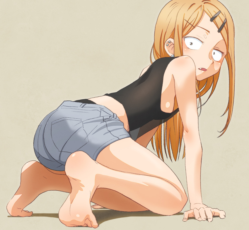 1girl, all_fours, bare_shoulders, barefoot, black_tank_top, blonde_hair, breasts, commentary