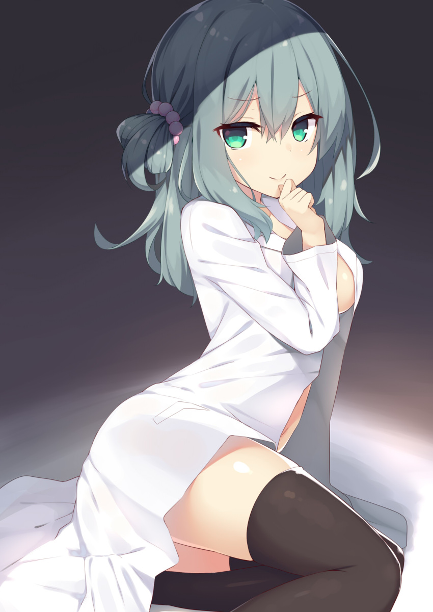 1girl, ass, bangs, black_legwear, blue_hair, breasts, closed_mouth, commentary_request, eyebrows_visible_through_hair, eyes_visible_through_hair, from_side, green_eyes, hair_between_eyes, hair_ornament, hand_to_own_mouth, hand_up, highres, leaning_to_the_side, long_hair, long_sleeves, looking_at_viewer, medium_breasts, megarisu, naked_shirt, one_side_up, open_clothes, open_shirt, riddle_joker, shikibu_mayu, shirt, sitting, smile, solo, thigh-highs, white_shirt, yokozuwari