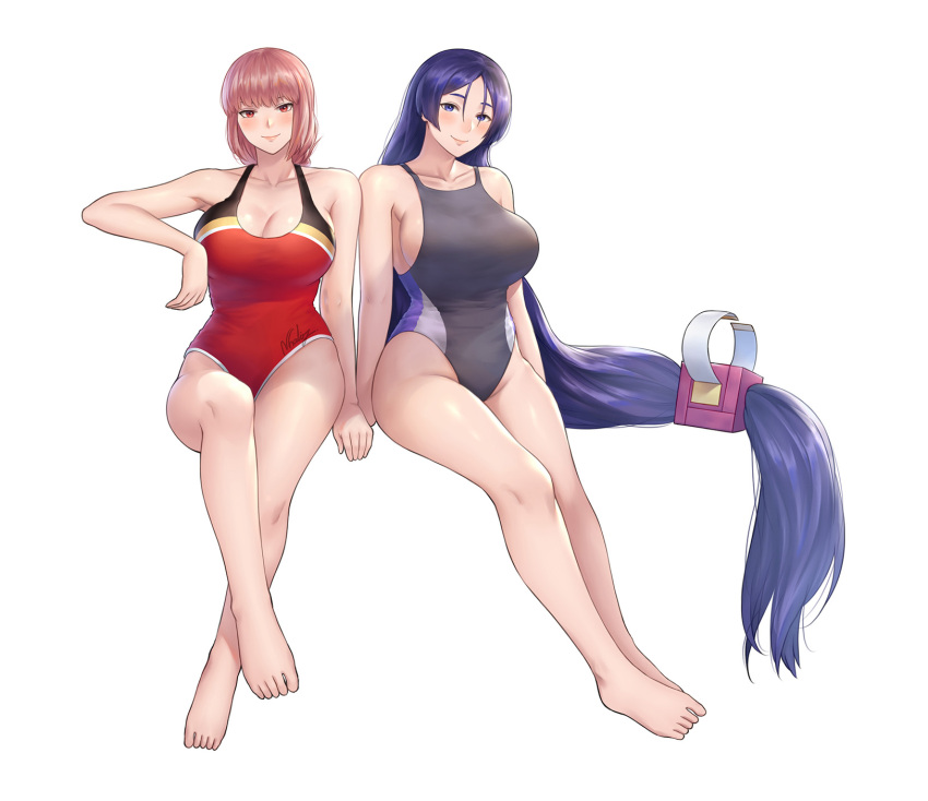 2girls, blush, breasts, cleavage, fate/grand_order, fate_(series), florence_nightingale_(fate/grand_order), highres, invisible_chair, long_hair, looking_at_viewer, minamoto_no_raikou_(fate/grand_order), multiple_girls, natsuyu, pink_hair, red_eyes, sitting, smile, swimsuit, very_long_hair, violet_eyes, white_background