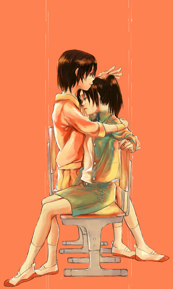 amasawa_yuuko, bad_id, brown_hair, chair, dennou_coil, glasses, hug, jacket