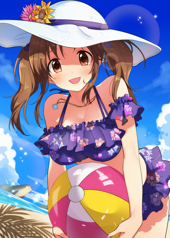 1girl, :d, arm_scrunchie, ball, bare_shoulders, beach, beachball, blue_sky