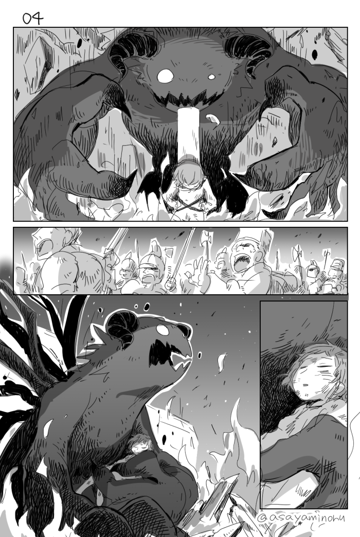 1girl, 4koma, 6+boys, asaya_minoru, burning_at_the_stake, comic, demon, greyscale
