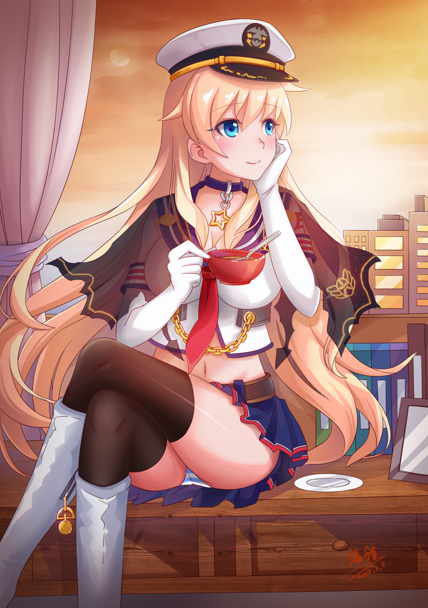 1girl, absurdres, belt, black_legwear, blonde_hair, blue_eyes, blush, breasts