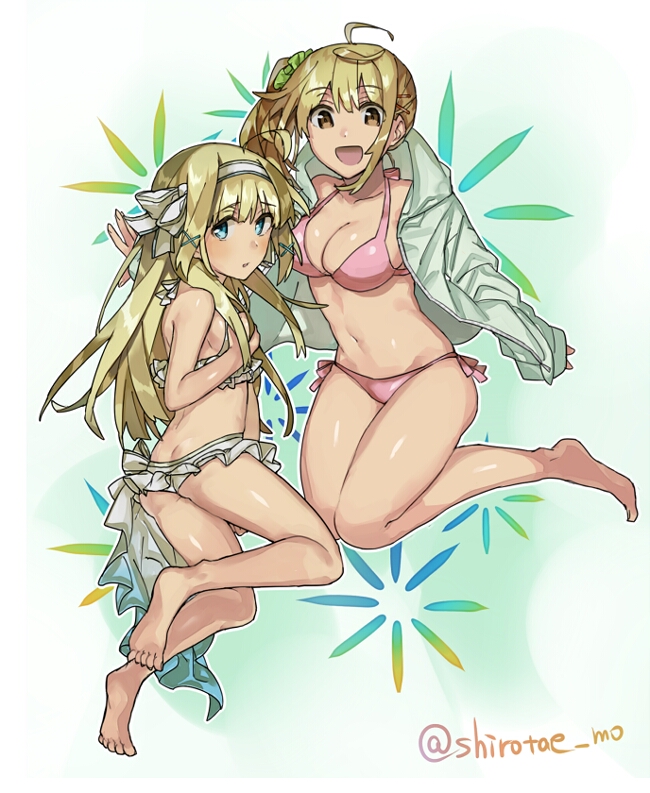 2girls, :d, ahoge, ass, bangs, bare_arms, bare_legs, bare_shoulders, barefoot, bikini, blonde_hair, blue_eyes, breasts, brown_eyes, cleavage, collarbone, eyebrows, eyebrows_visible_through_hair, fingernails, flat_ass, green_jacket, green_scrunchie, groin, hair_ornament, hair_ribbon, hairband, hood, hood_down, hooded_jacket, jacket, knees_together_feet_apart, long_sleeves, medium_breasts, midriff, multiple_girls, navel, one_side_up, open_clothes, open_jacket, open_mouth, original, pink_bikini, ribbon, scrunchie, shirotae_moyashi, side-tie_bikini, smile, stomach, swimsuit, twitter_username, white_hairband, white_ribbon, x_hair_ornament