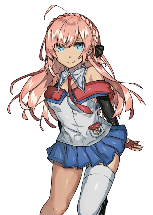 1girl, ahoge, arms_behind_back, atlanta_(azur_lane), azur_lane, bangs, bare_shoulders, black_footwear