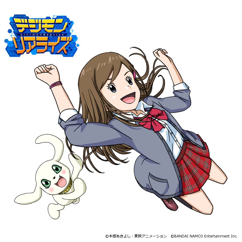 1girl, arms_up, black_legwear, blush, bow, bowtie, brown_footwear, brown_hair, commentary_request, company_name, creature, digimon, digimon_rearise, fang, green_eyes, grey_eyes, grey_jacket, holy_ring, jacket, jumping, logo, long_hair, looking_at_viewer, nakatsuru_katsuyoshi, official_art, open_mouth, plaid, plaid_skirt, pleated_skirt, plotmon, purple_hairclip, purple_wristband, red_neckwear, red_skirt, school_uniform, shinjou_michi, shirt, shoes, simple_background, skirt, sleeves_rolled_up, smile, socks, watermark, white_background, white_shirt, wristband